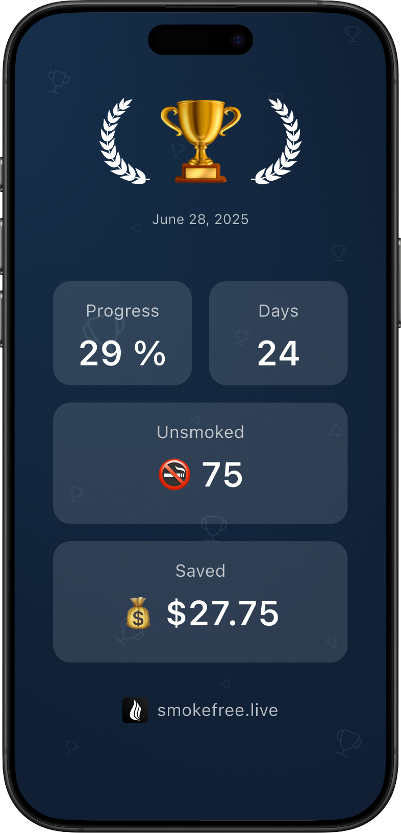 Smoke Free App screenshot displaying how share screen looks like, displaying current user achievements